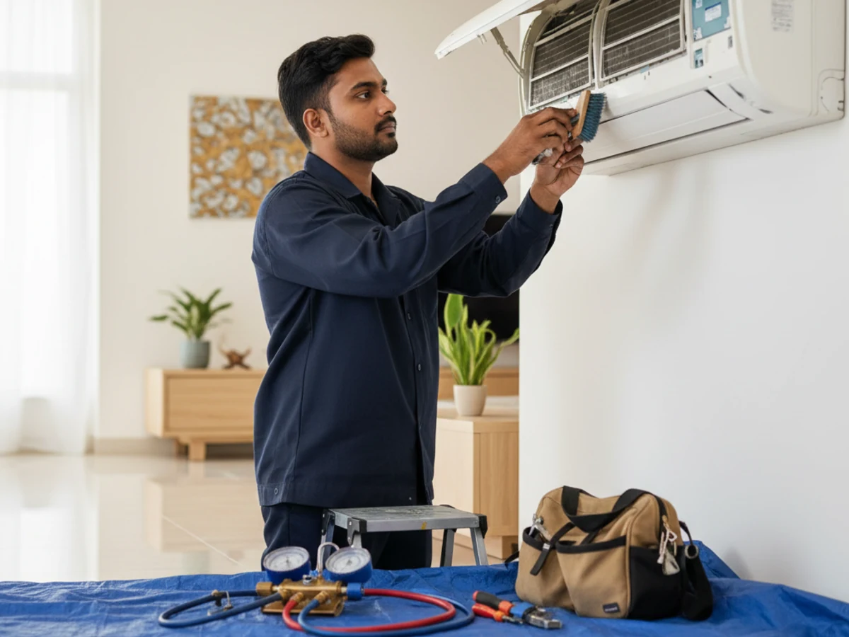 Akadash Enterprises technician servicing a split air conditioner indoor unit in a Noida apartment