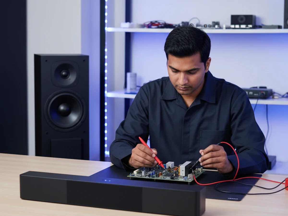 Akadash Enterprises audio engineer testing a home theatre amplifier board with a multimeter