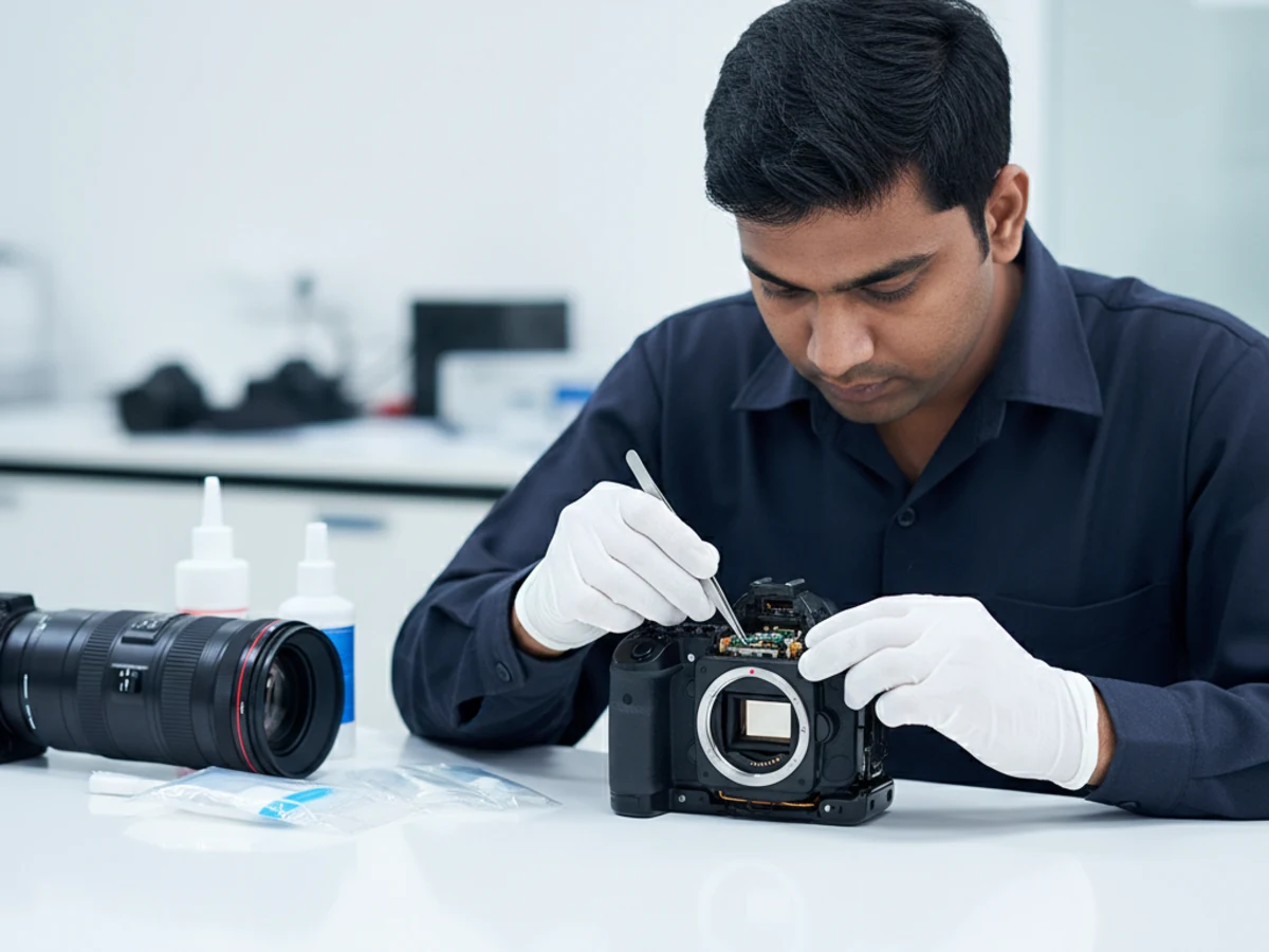 Akadash Enterprises camera technician cleaning a DSLR sensor with white gloves and precision tools