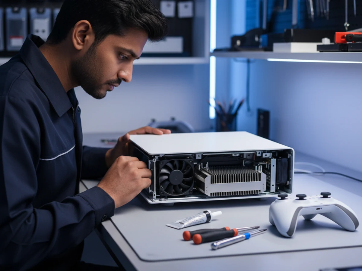 Akadash Enterprises technician servicing the cooling fan and heatsink of a gaming console