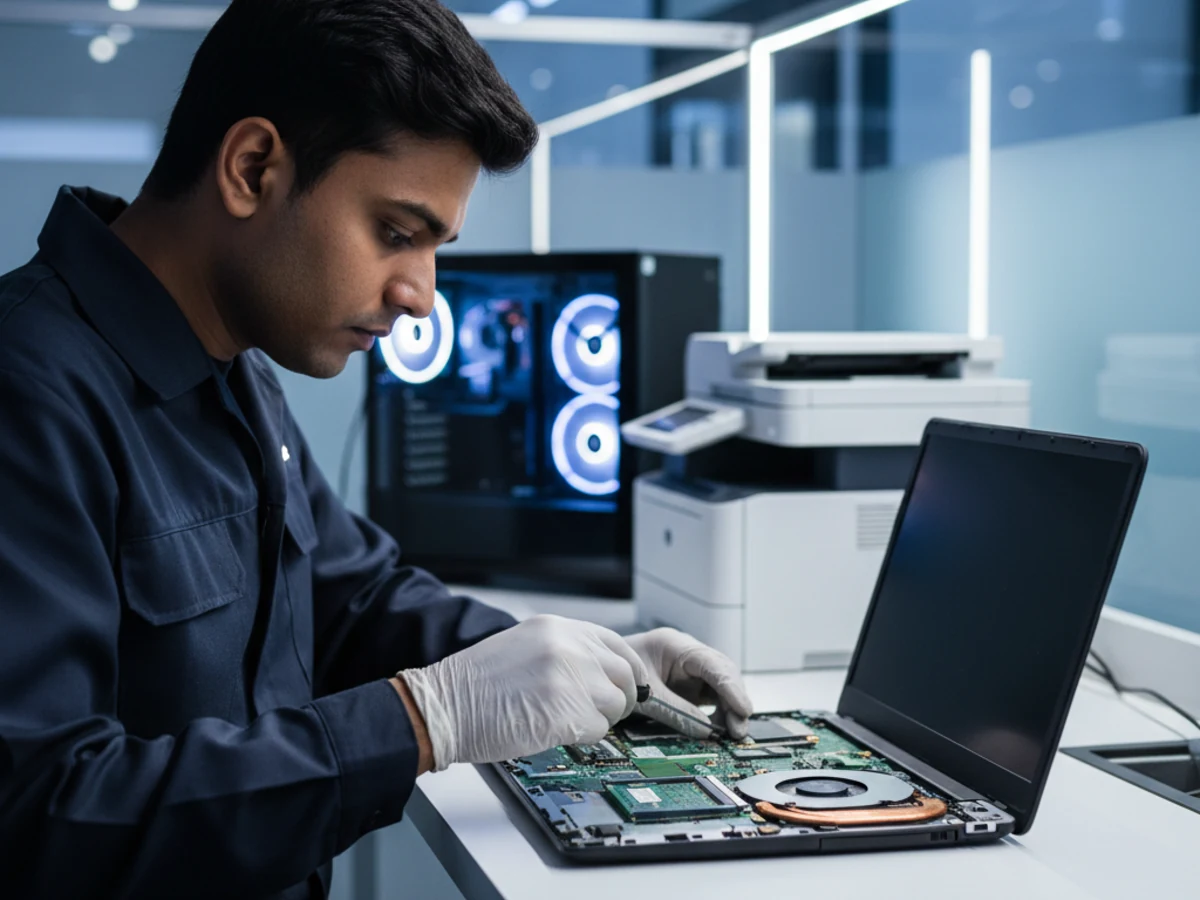 Akadash Enterprises engineer repairing an open laptop motherboard at the Delhi NCR service centre