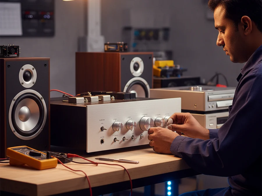 Akadash Enterprises engineer servicing a hi-fi amplifier with bookshelf speakers and a CD player on the workbench