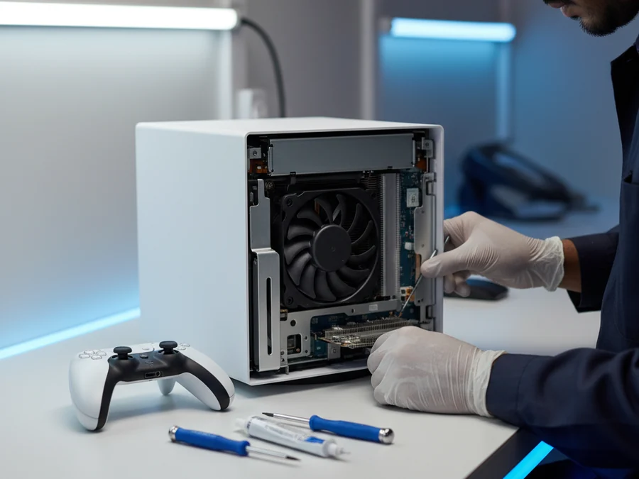 Gaming console opened on an anti-static bench showing cooling fan and heatsink during a Sony PlayStation repair at Akadash Enterprises