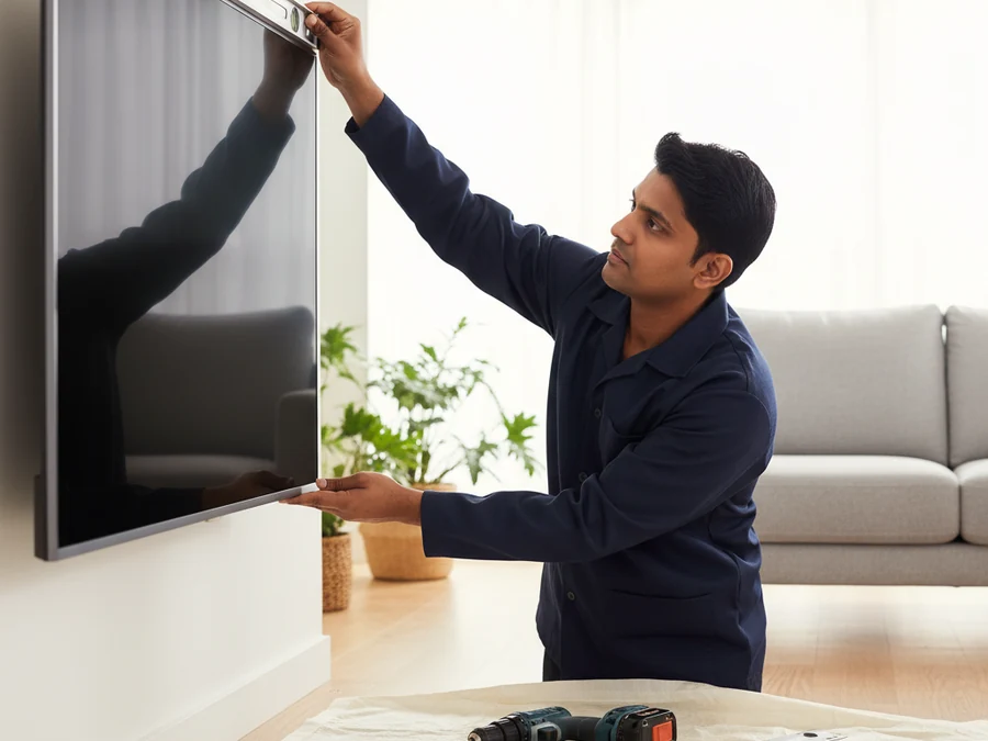 Akadash Enterprises technician wall-mounting and levelling a large smart TV in a Noida living room