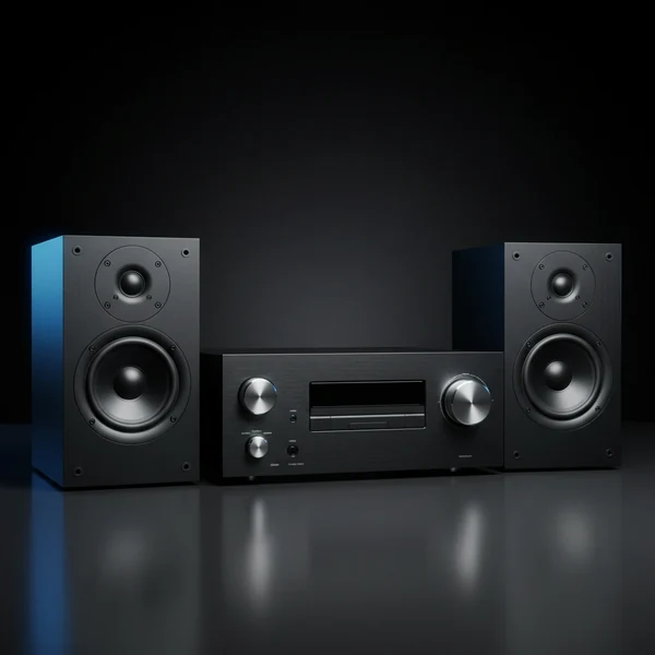 Hi-fi music system with amplifier and bookshelf speakers serviced by Akadash Enterprises