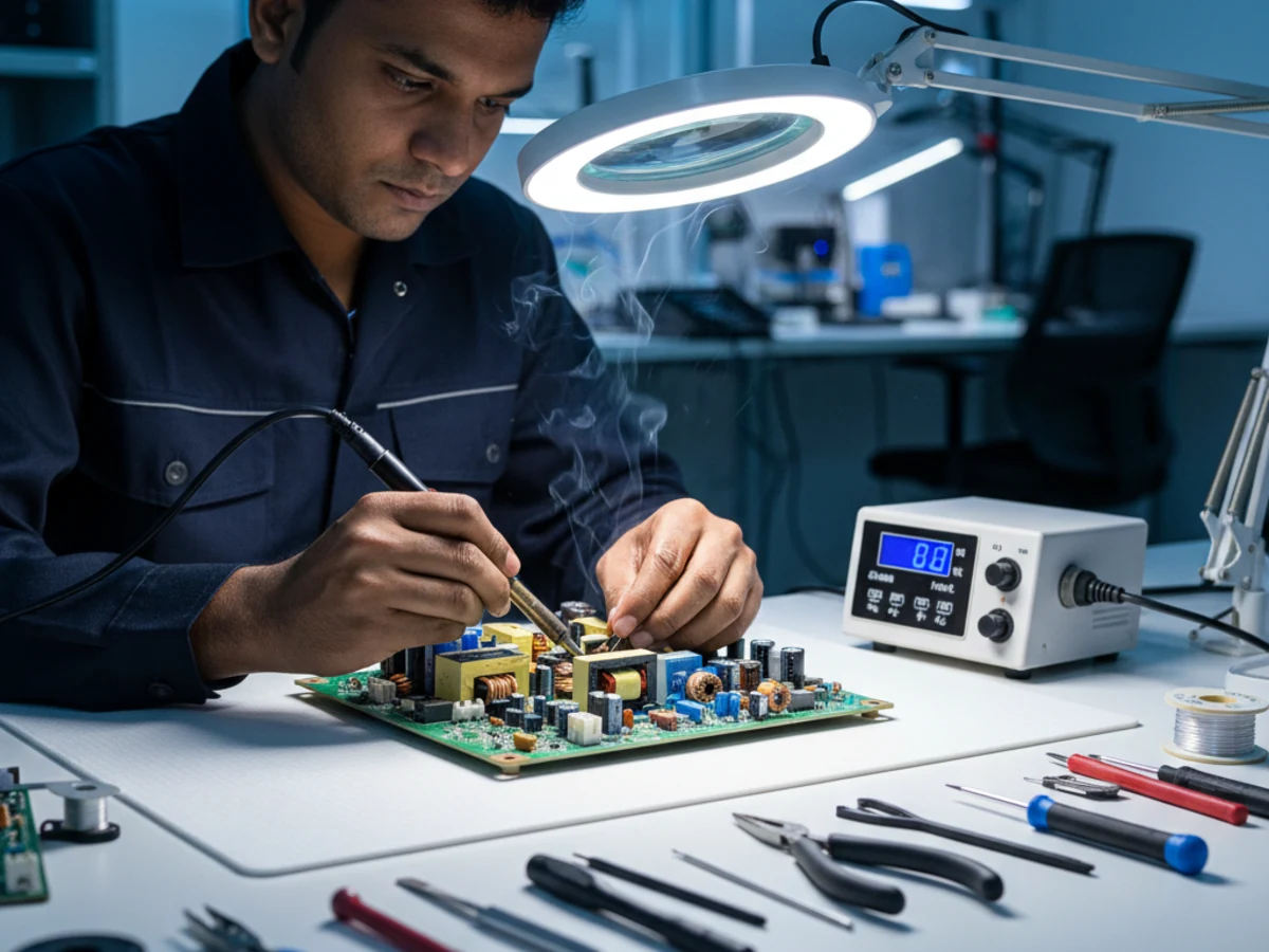 Akadash Enterprises engineer soldering a television power supply board under a magnifier lamp