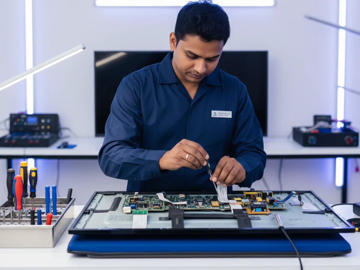 Akadash Enterprises technician repairing an LED television main board at the Noida service workshop